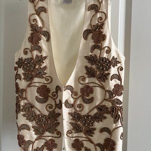 Liz Claiborne vest wooden beads, thread embroidery, Petite S, beige